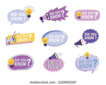 Balloon ask about facts, did you know labels. Marketing questions, knows information banners. Quiz or advertisement racy vector graphic stickers