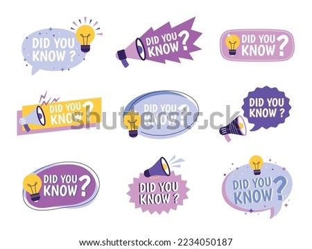 Balloon ask about facts, did you know labels. Marketing questions, knows information banners. Quiz or advertisement racy vector graphic stickers