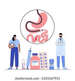 Balloon assisted enteroscopy. Visualization of the small intestine nonsurgical procedure. Gastrointestinal tract exam. Biopsy, polyp removal, bleeding therapy or stent placement vector illustration