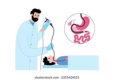 Balloon assisted enteroscopy. Visualization of the small intestine nonsurgical procedure. Gastrointestinal tract exam. Biopsy, polyp removal, bleeding therapy or stent placement vector illustration