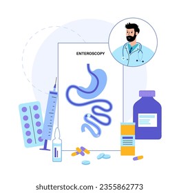 Balloon assisted enteroscopy. Visualization of the small intestine nonsurgical procedure. Gastrointestinal tract exam. Biopsy, polyp removal, bleeding therapy or stent placement vector illustration