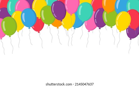 Balloon background. Balloons background with border for birthday, anniversary and party. Flat balloon group for celebration. Happy decoration. Colorful flying ballons. Vector.