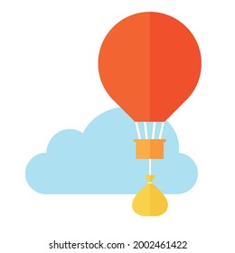 Balloon and bag of gold. Flat design. Money concept. White background and blue cloud