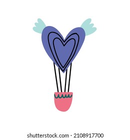 Corazón de canasta de globo. Elemento de doodle extraído a mano del vector romántico