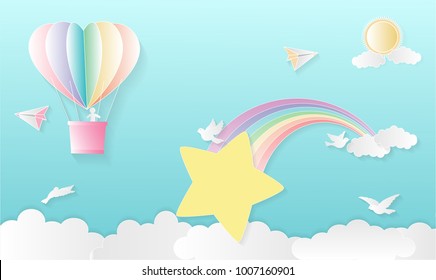 Balloon Birds Airplane flying over clouds and rainbows. Paper art concept. vector illustration.