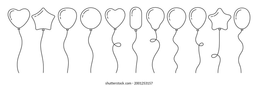 Balloon birthday black line cartoon set. Outline glossy helium air balloons with tape flat party icon collection. Holiday anniversary surprise gift symbol circle, heart shape. Vector illustration