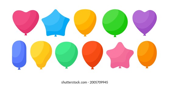 Juego de dibujos animados de color de cumpleaños con globos. Globos de aire de helio brillante arcoiris de colección plana para fiestas. Símbolo de regalo sorpresa de aniversario de vacaciones redondo, forma de corazón. Ilustración vectorial aislada