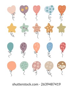 Balloon birthday party design set for creating charming scandinavian style decorations with floating cartoon shapes and festive strings for yours illustration and creative celebration projects