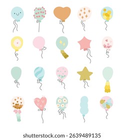 Balloon birthday party design set for creating charming scandinavian style decorations with floating cartoon shapes and festive strings for yours illustration and creative celebration projects