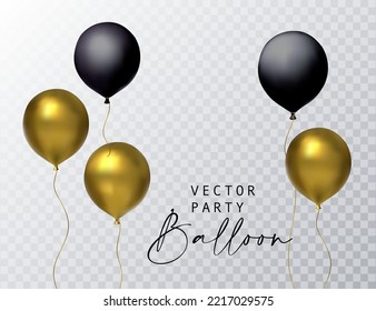 Balloon black gold party set isolated on transparent background. Vector realistic 3d celebration birthday glossy gift