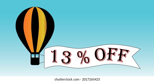 Balloon black and orange 13% off. Blue sky background, promotion.