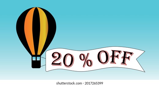 El globo negro y naranja 20% de descuento. Fondo del cielo azul, promoción.