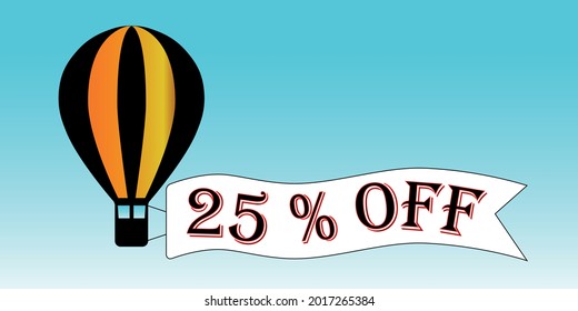 Balloon black and orange 25% off. Blue sky background, promotion.