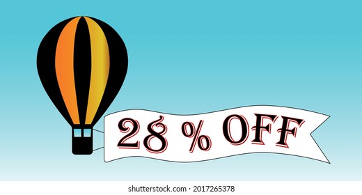 Balloon black and orange 28% off. Blue sky background, promotion.