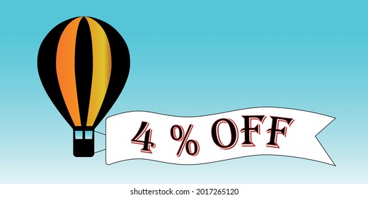 Balloon black and orange 4% off. Blue sky background, promotion.