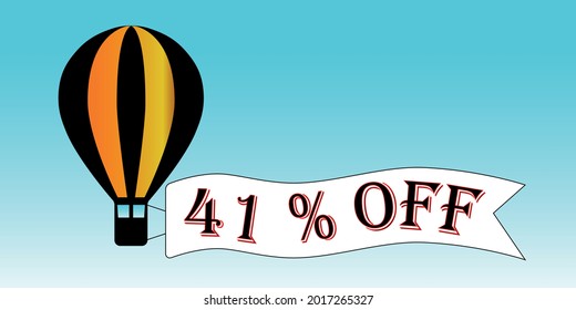 Balloon black and orange 41% off. Blue sky background, promotion.
