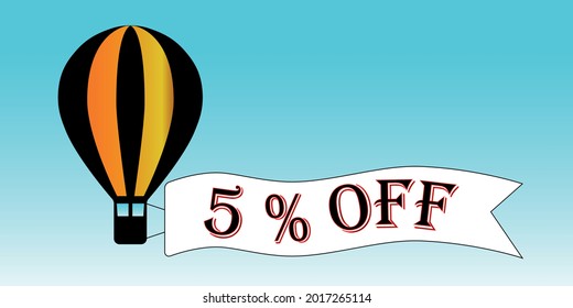 Balloon black and orange 5% off. Blue sky background, promotion.