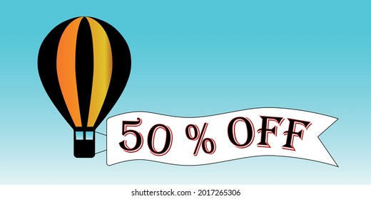 Balón negro y naranja 50% de descuento. Fondo del cielo azul, promoción.