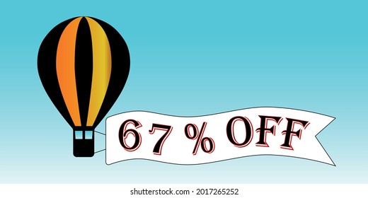 Balloon black and orange 67% off. Blue sky background, promotion.
