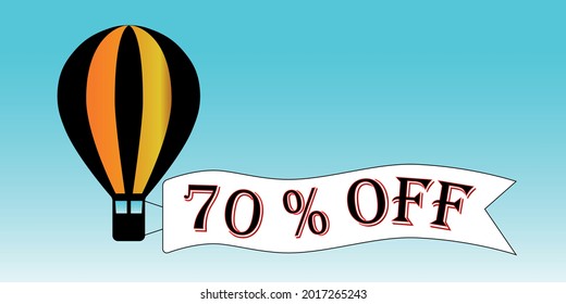 Balloon black and orange 70% off. Blue sky background, promotion.