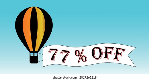 Balloon black and orange 77% off. Blue sky background, promotion.