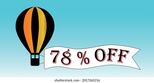 Balloon black and orange 78% off. Blue sky background, promotion.