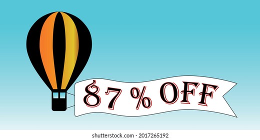 Balloon black and orange 87% off. Blue sky background, promotion.