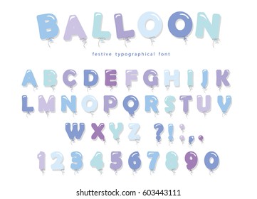 Balloon blue font. Cute ABC letters and numbers. For birthday, boy baby shower.