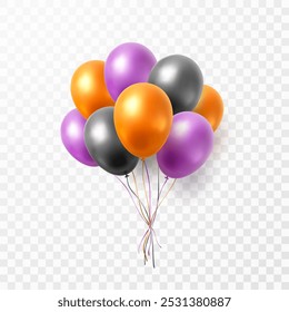 Balloon bunch isolated on transparent background. Vector realistic orange, violet and black festive 3d helium ballons template for halloween party design