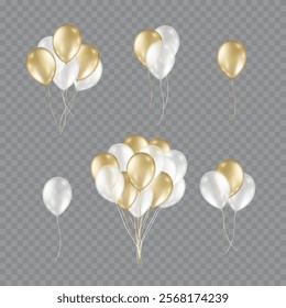 Balloon bunch set isolated on transparent background. Vector realistic gold and white festive 3d helium ballons templates for anniversary, birthday party design