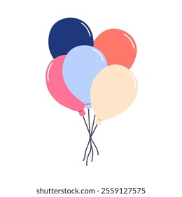 Balloon bunch tied with string. Air baloon bundle. Festive decoration floating and soaring for holiday celebration. Party decor flying up. Flat vector illustration isolated on white background