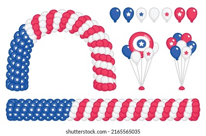 Balloon camber facade or arches in celebration of American Independence Day or memorial kawaii doodle flat vector illustration