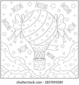 
Balloon candy and candies in the cloud sky .learning and education coloring page illustration for adults and children. outline style, black and white drawing.