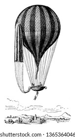 Globo con Coche y Paracaídas que se sostiene con cables conectados a una red que cubren la mitad superior del globo, dibujo vintage de línea o ilustración de grabado.