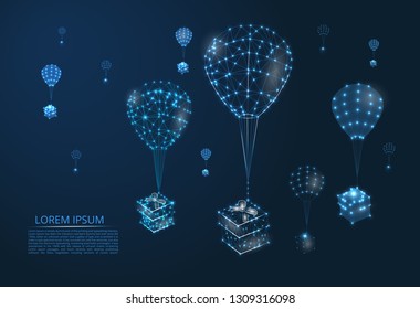 The balloon carries a gift. Valentine greeting card template with glowing low poly gift box. Vector polygonal image in the form of a starry sky or space, consisting of points, lines and shapes.