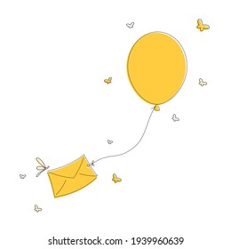The balloon carries a letter. A love note is flying on a balloon. Greeting card delivery.