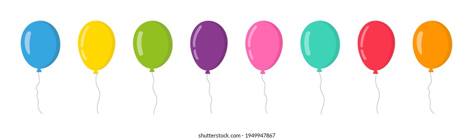 Balloon in cartoon style. Bunch of balloons for birthday and party. Flying ballon with rope. Blue, red, yellow and green ball isolated on white background. Flat icon for celebrate and carnival. Vector - Shutterstock ID 1949947867