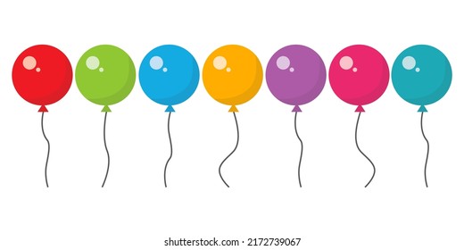 Balloon in cartoon style. Bunch of balloons for birthday and party. Flying ballon with rope. Blue, red, yellow and green ball isolated on white background. Flat icon for celebrate and carnival. Vector