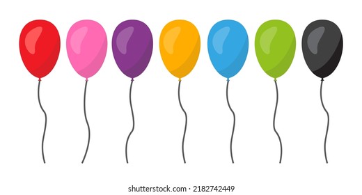 Balloon in cartoon style. Bunch of balloons for birthday and party. Flying ballon with rope. Blue, red, yellow and green ball isolated on white background. Flat icon for celebrate and carnival. Vector