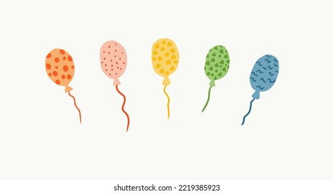Balloon in cartoon style. Bunch of balloons for birthday and party. Flying ballon with rope. Blue, red and yellow ball isolated on white background. Flat icon for celebrate and carnival. Vector.