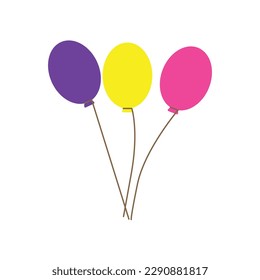 Balloon in cartoon style. Bunch of balloons for birthday and party. Flying ballon with rope. Purple, yellow and pink ball isolated on white background. Flat icon for celebrate and carnival. Vector.