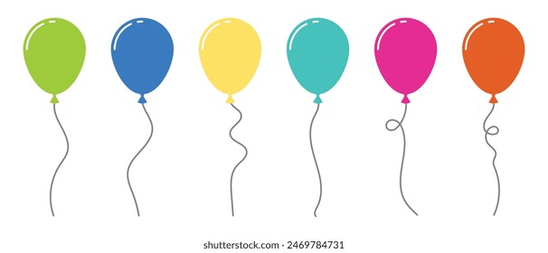 Balloon in cartoon style. Bunch of balloons for birthday and party. Flying ballon with rope. Blue, red, yellow and green ball isolated on white background. Flat icon for celebrate and carnival. 