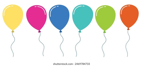 Balloon in cartoon style. Bunch of balloons for birthday and party. Flying ballon with rope. Blue, red, yellow and green ball isolated on white background. Flat icon for celebrate and carnival. 