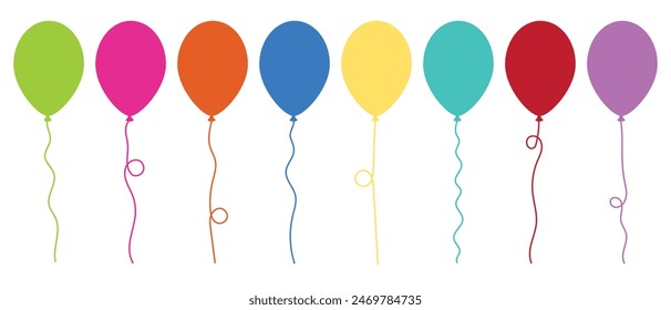 Balloon in cartoon style. Bunch of balloons for birthday and party. Flying ballon with rope. Blue, red, yellow and green ball isolated on white background. Flat icon for celebrate and carnival. 