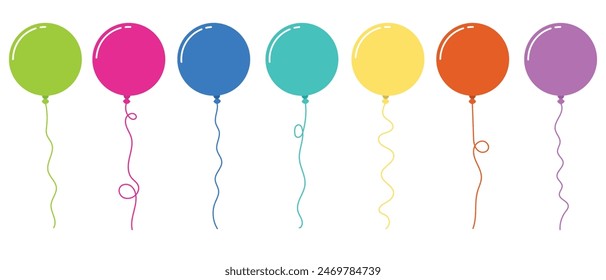 Ballon im Cartoon-Stil. Ballons für Geburtstag und Party. Fliegender Ballon mit Seil. Blaue, rote, gelbe und grüne Kugel isoliert auf weißem Hintergrund. Flache Ikone für Feiern und Karneval. 