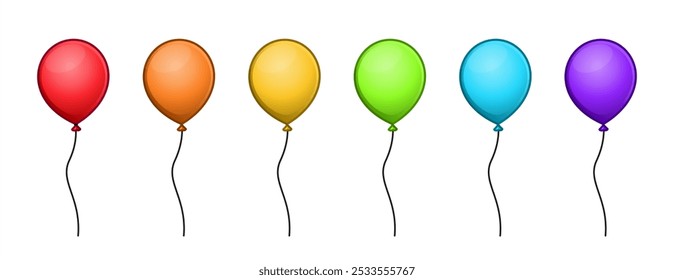 Balloon in cartoon style. Bunch of balloons for birthday and party. Flying ballon with rope. Blue, red, yellow and green ball isolated on white background. Vector 10 eps.