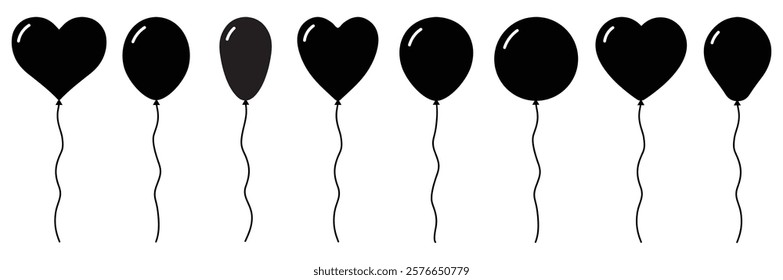 Balloon in cartoon style. Bunch of balloons for birthday and party. Flying ballon with rope. Black ball isolated on white background. Flat icon for celebrate and carnival. Vector party decorative ball