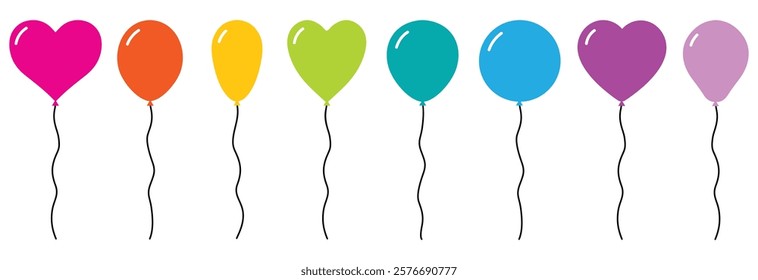 Balloon in cartoon style. Bunch of balloons for birthday and party. Flying ballon with rope. Black ball isolated on white background. Flat icon for celebrate and carnival. Vector party decorative ball