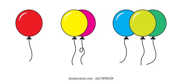 Balloon in cartoon style. Bunch of balloons for birthday and party. Flying ballon with rope. Blue, red, yellow and green ball isolated on white background. Flat icon for celebrate and carnival.