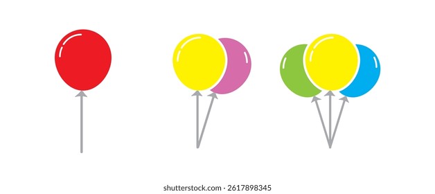 Balloon in cartoon style. Bunch of balloons for birthday and party. Flying ballon with rope. Blue, red, yellow and green ball isolated on white background. Flat icon for celebrate and carnival.